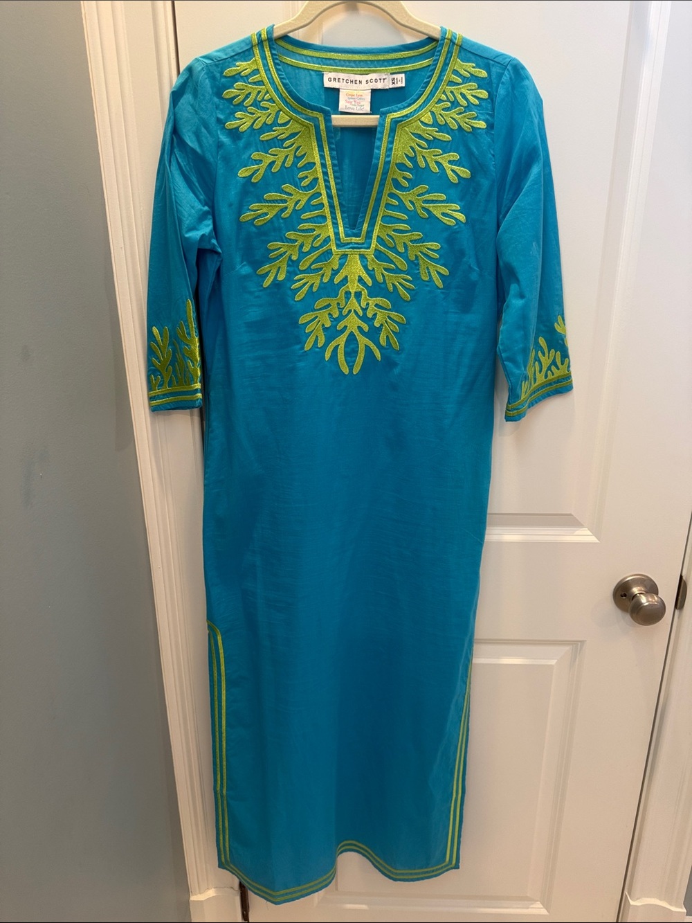 Gretchen Scott Designs Turquoise Maxi Tunic with Chartreuse Embroidery